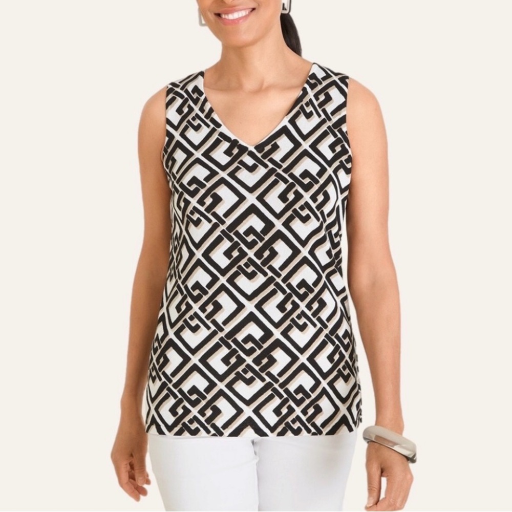 Chico’s Geo Print Sleeveless V-Neck Tank Top – Size 2 (Large) NWT $69.50